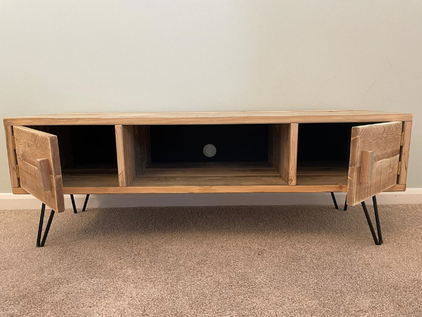 Now Sold - Contact me for Similar - Reclaimed Retro Solid Wood Media Unit with Cupboards - Hairpin Legs **FREE SHIPPING**