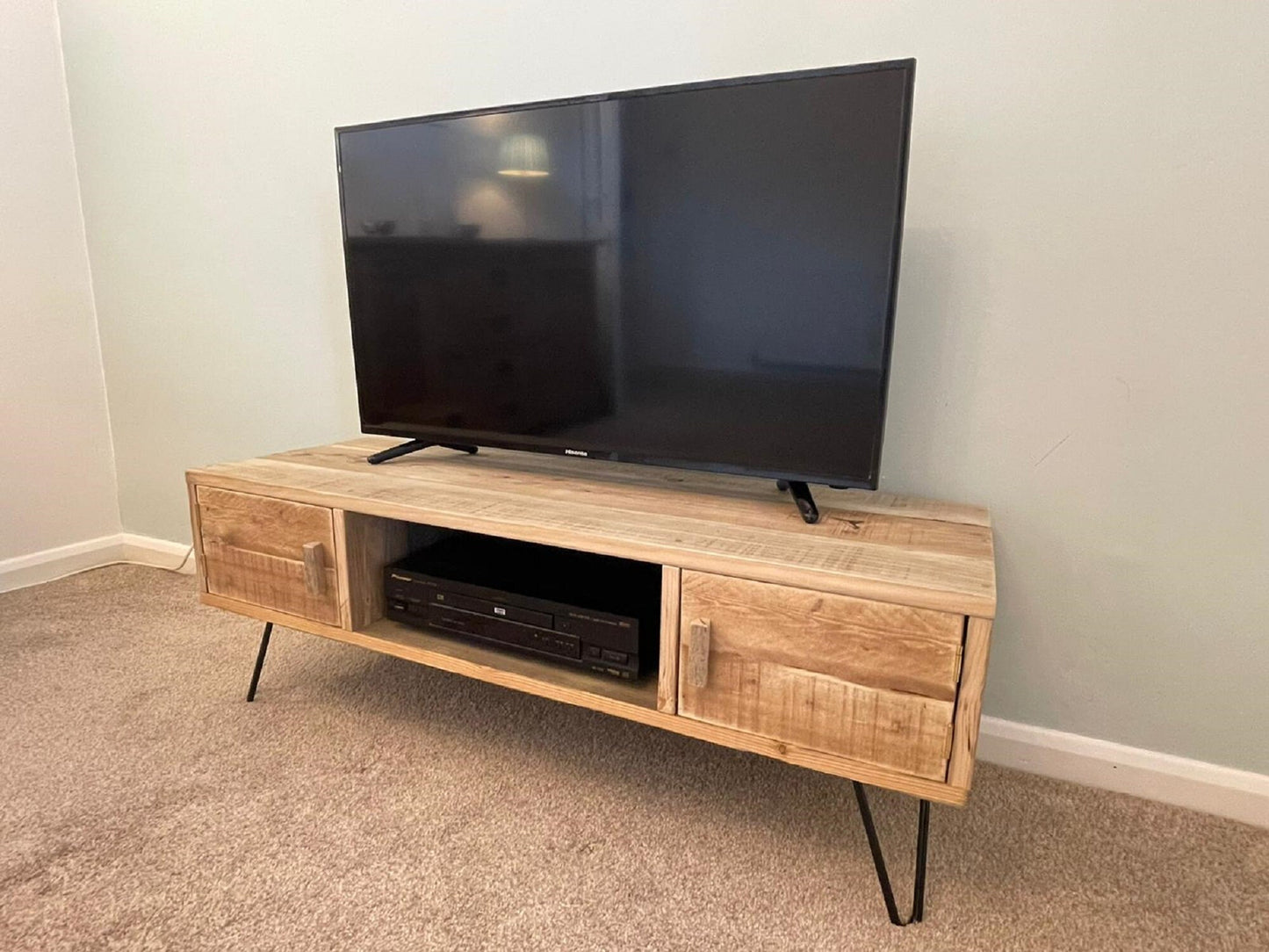 Private Listing - Reclaimed Retro Solid Wood Media Unit with Cupboards - Hairpin Legs **FREE SHIPPING**