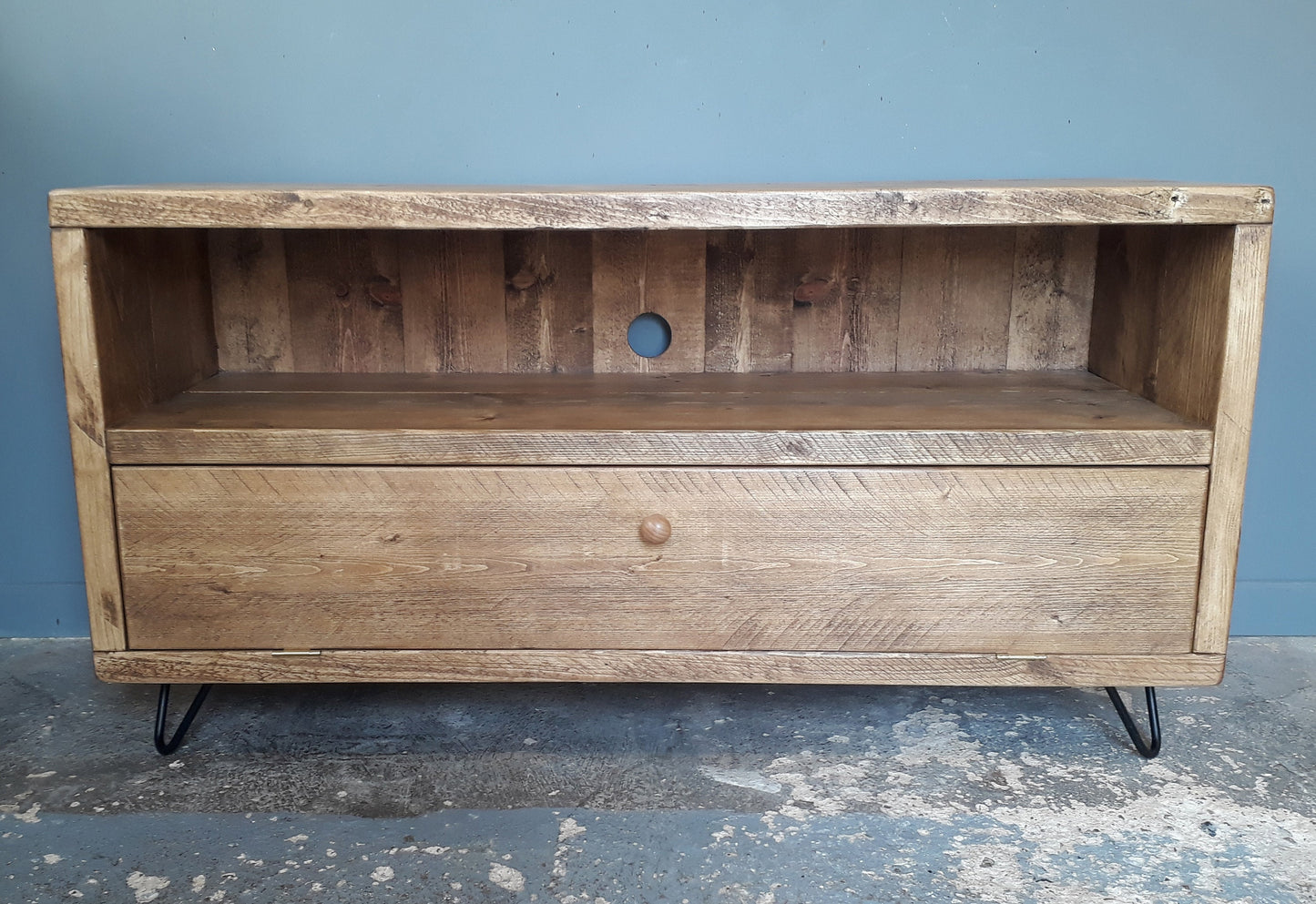 Reclaimed Retro TV Stand with shelf and bottom door - Hairpin Legs - Media Unit Bench **FREE SHIPPING**