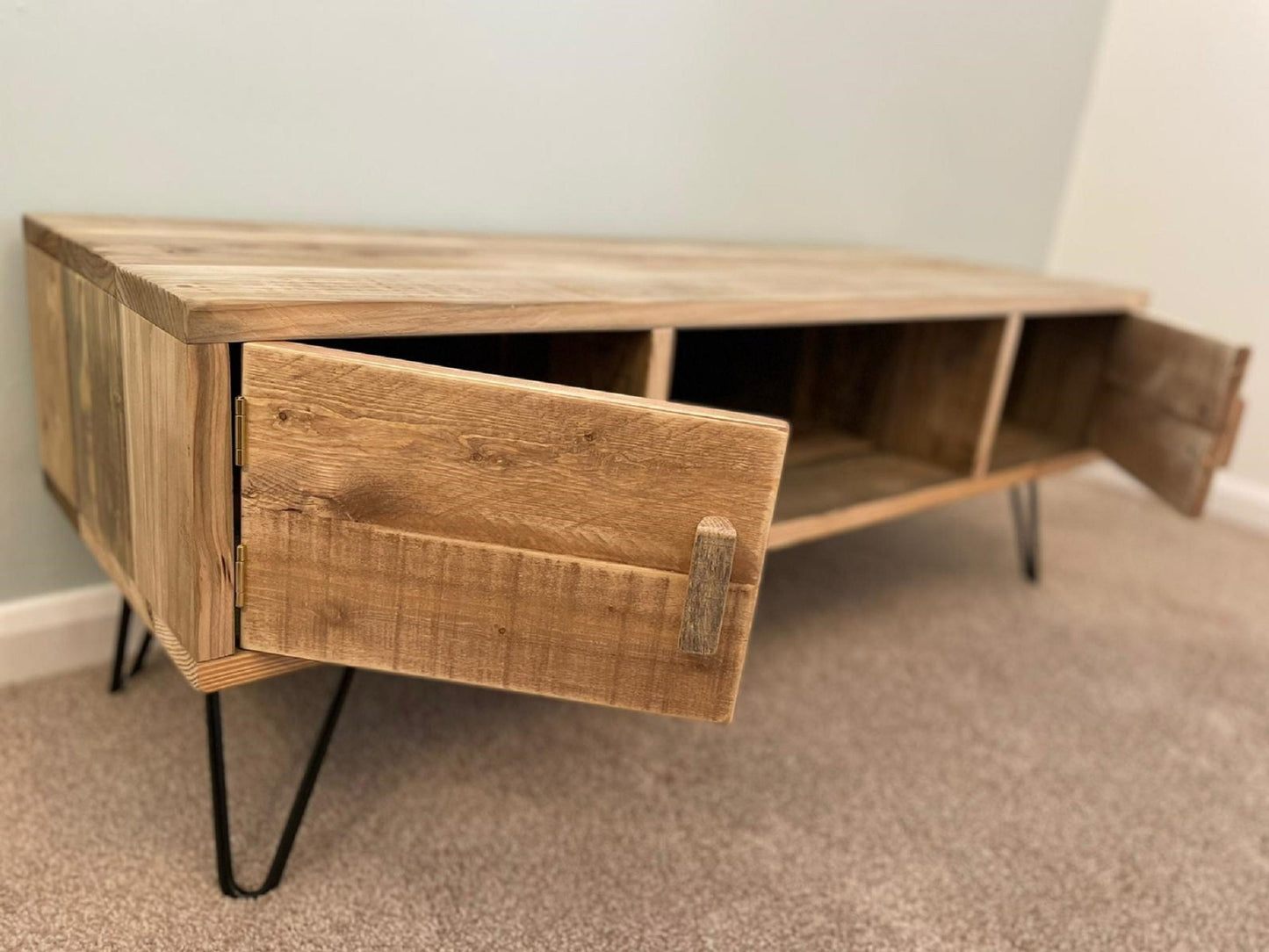 Private Listing - Reclaimed Retro Solid Wood Media Unit with Cupboards - Hairpin Legs **FREE SHIPPING**