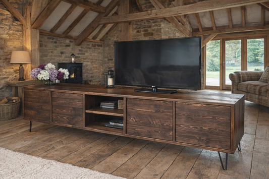 Now Sold - Contact me for Similar - Reclaimed Retro Solid Wood Media Unit with Cupboards - Hairpin Legs  **FREE SHIPPING**